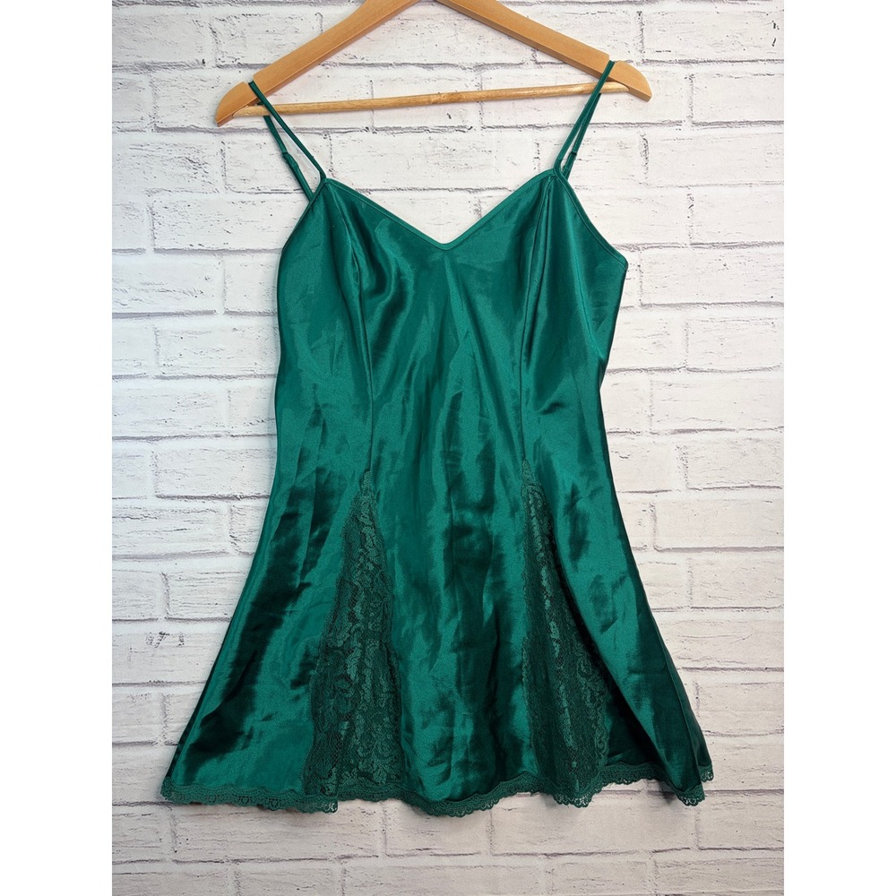 Victorias Secret Vintage Gold Label Emerald Green Satin Lace Trim Slip Dress S